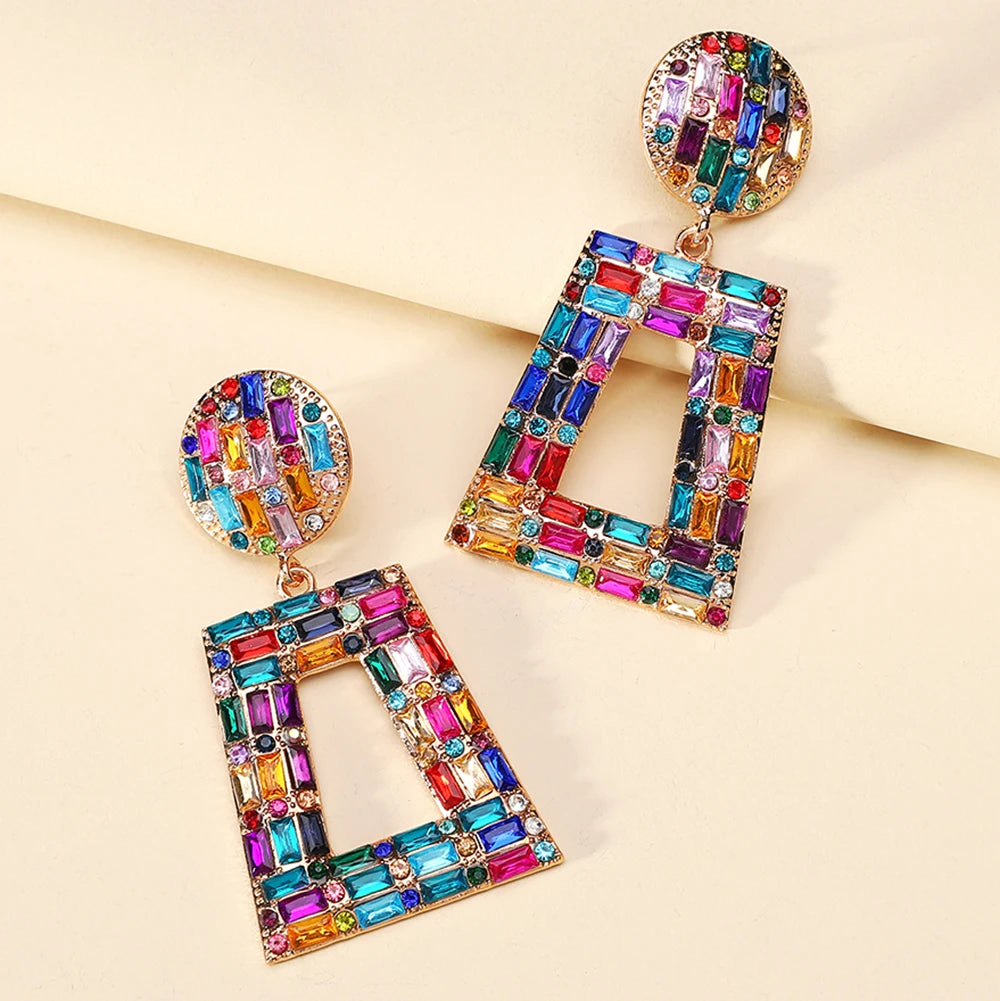 Hey Girl Trapezoid Full Shiny Colorful Rhinestone Earrings - Fanci Goddess
