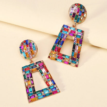 Hey Girl Trapezoid Full Shiny Colorful Rhinestone Earrings - Fanci Goddess