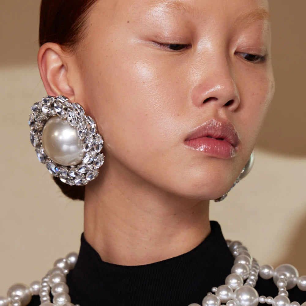 Large Round Pearl diamond Earrings - Fanci Goddess