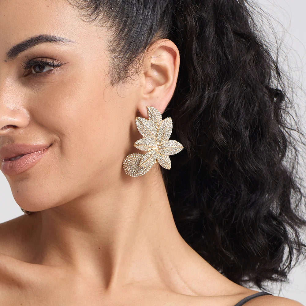 Stainless steel Gold Metal Flower Crystals Earrings