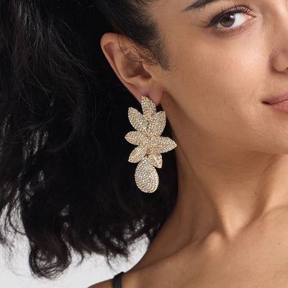 Stainless steel Gold Metal Flower Crystals Earrings - Fanci Goddess